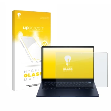 Parte frontal de un envase de producto con el logotipo de la marca upscreen. Al lado se muestra el dispositivo HP EliteBook Ul