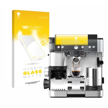 Parte frontal de un envase de producto con el logotipo de la marca upscreen. Al lado se muestra el dispositivo Ninja Luxe Cafe