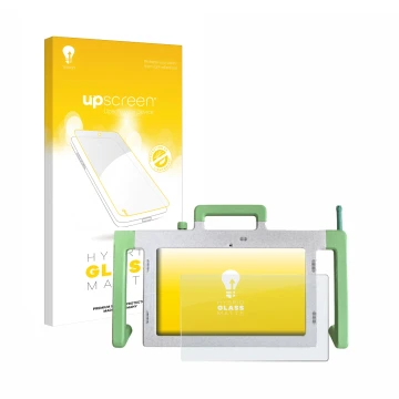 Parte frontal de un envase de producto con el logotipo de la marca upscreen. Al lado se muestra el dispositivo Telemarie Table