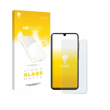 Parte frontal de un envase de producto con el logotipo de la marca upscreen. Al lado se muestra el dispositivo Samsung Galaxy 