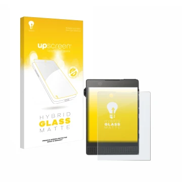 Parte frontal de un envase de producto con el logotipo de la marca upscreen. Al lado se muestra el dispositivo Light Phone 3 c
