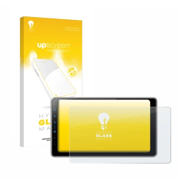 Parte frontal de un envase de producto con el logotipo de la marca upscreen. Al lado se muestra el dispositivo Pioneer SPH-DA9