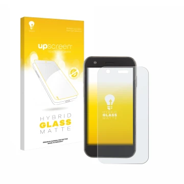 Parte frontal de un envase de producto con el logotipo de la marca upscreen. Al lado se muestra el dispositivo Soyes XS12 con 