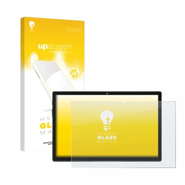 Parte frontal de un envase de producto con el logotipo de la marca upscreen. Al lado se muestra el dispositivo Acepad A150 con