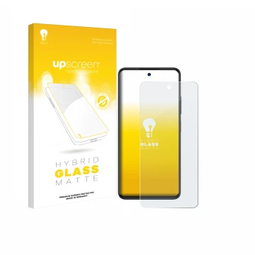 Parte frontal de un envase de producto con el logotipo de la marca upscreen. Al lado se muestra el dispositivo ZTE Blade A75 4