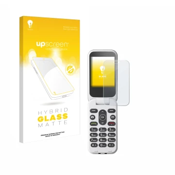 Parte frontal de un envase de producto con el logotipo de la marca upscreen. Al lado se muestra el dispositivo Doro 2820 con s