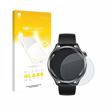 Parte frontal de un envase de producto con el logotipo de la marca upscreen. Al lado se muestra el dispositivo Xiaomi Watch S4
