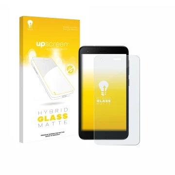 Parte frontal de un envase de producto con el logotipo de la marca upscreen. Al lado se muestra el dispositivo ZTE Blade A35 l