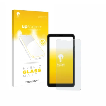 Parte frontal de un envase de producto con el logotipo de la marca upscreen. Al lado se muestra el dispositivo Bigme Hibreak E