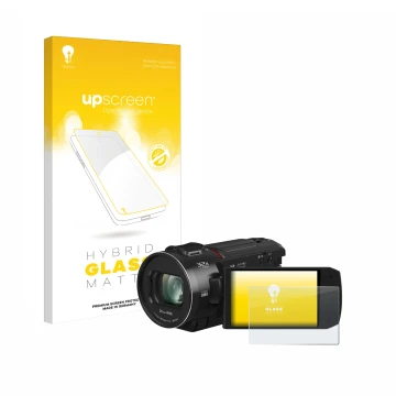 Parte frontal de un envase de producto con el logotipo de la marca upscreen. Al lado se muestra el dispositivo Panasonic HC-VX