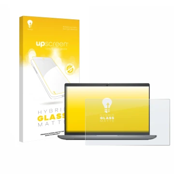 Parte frontal de un envase de producto con el logotipo de la marca upscreen. Al lado se muestra el dispositivo Dell Latitude 5