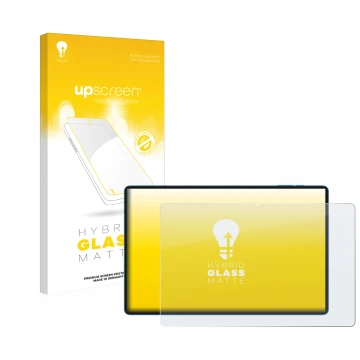 Parte frontal de un envase de producto con el logotipo de la marca upscreen. Al lado se muestra el dispositivo Teclast T70 14