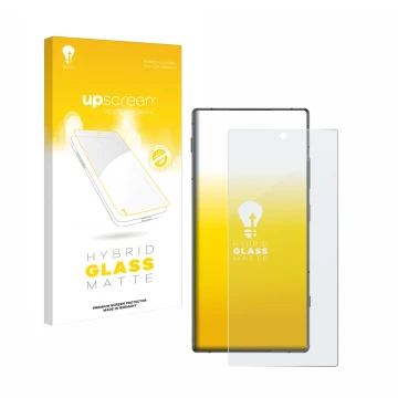 Parte frontal de un envase de producto con el logotipo de la marca upscreen. Al lado se muestra el dispositivo Nubia Z70 Ultra
