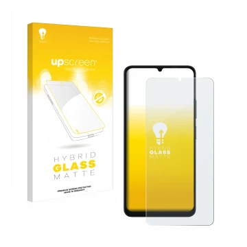 Parte frontal de un envase de producto con el logotipo de la marca upscreen. Al lado se muestra el dispositivo Ulefone Note 20