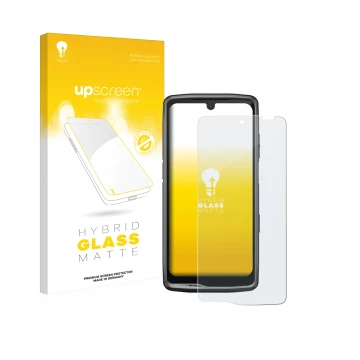 Parte frontal de un envase de producto con el logotipo de la marca upscreen. Al lado se muestra el dispositivo Crosscall Stell