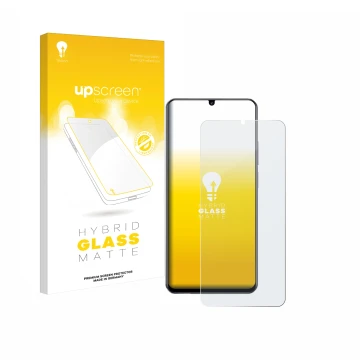 Parte frontal de un envase de producto con el logotipo de la marca upscreen. Al lado se muestra el dispositivo realme Note 60 