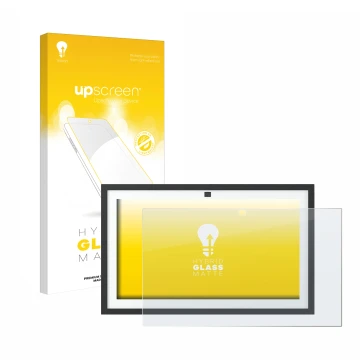 Parte frontal de un envase de producto con el logotipo de la marca upscreen. Al lado se muestra el dispositivo Amazon Echo Sho