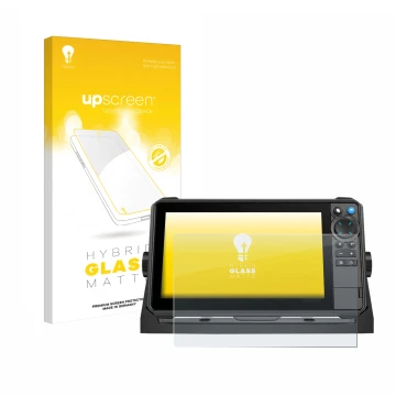 Parte frontal de un envase de producto con el logotipo de la marca upscreen. Al lado se muestra el dispositivo Lowrance HDS-9 