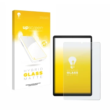 Parte frontal de un envase de producto con el logotipo de la marca upscreen. Al lado se muestra el dispositivo Acer Iconia Tab