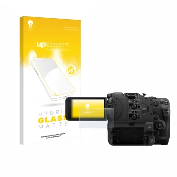 Parte frontal de un envase de producto con el logotipo de la marca upscreen. Al lado se muestra el dispositivo Canon EOS C400 