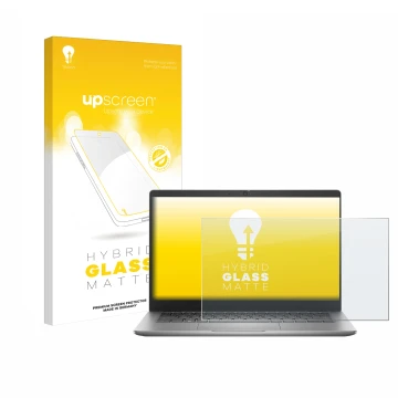 Parte frontal de un envase de producto con el logotipo de la marca upscreen. Al lado se muestra el dispositivo Dell Latitude 3