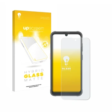 Parte frontal de un envase de producto con el logotipo de la marca upscreen. Al lado se muestra el dispositivo Blackview BV520