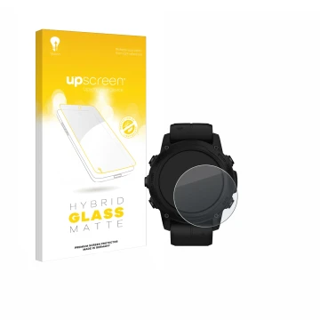 Parte frontal de un envase de producto con el logotipo de la marca upscreen. Al lado se muestra el dispositivo Garmin Descent 