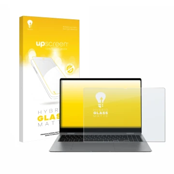 Parte frontal de un envase de producto con el logotipo de la marca upscreen. Al lado se muestra el dispositivo Samsung Galaxy 