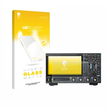 Parte frontal de un envase de producto con el logotipo de la marca upscreen. Al lado se muestra el dispositivo Rigol DHO914 co