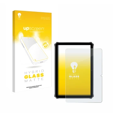 Parte frontal de un envase de producto con el logotipo de la marca upscreen. Al lado se muestra el dispositivo Oukitel RT9 con