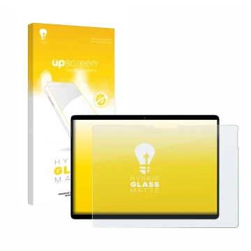 Parte frontal de un envase de producto con el logotipo de la marca upscreen. Al lado se muestra el dispositivo Chuwi Hi10 Max 