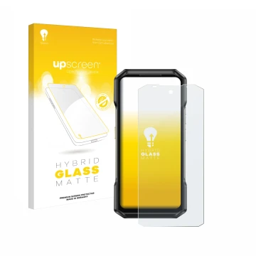 Parte frontal de un envase de producto con el logotipo de la marca upscreen. Al lado se muestra el dispositivo Ulefone Armor 2