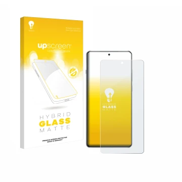 Parte frontal de un envase de producto con el logotipo de la marca upscreen. Al lado se muestra el dispositivo OnePlus 13R con