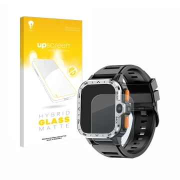 Parte frontal de un envase de producto con el logotipo de la marca upscreen. Al lado se muestra el dispositivo HS Smartwatch 2