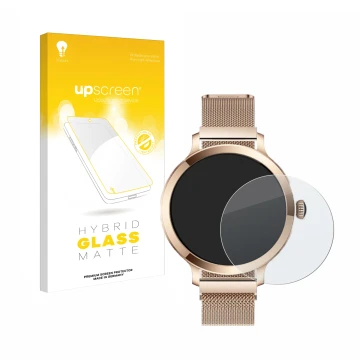 Parte frontal de un envase de producto con el logotipo de la marca upscreen. Al lado se muestra el dispositivo Bekomiya Smartw
