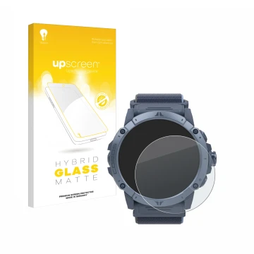 Parte frontal de un envase de producto con el logotipo de la marca upscreen. Al lado se muestra el dispositivo Coros Vertix 2S