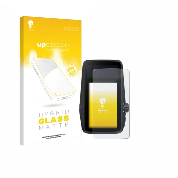 Parte frontal de un envase de producto con el logotipo de la marca upscreen. Al lado se muestra el dispositivo Coros Dura con 