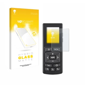 Parte frontal de un envase de producto con el logotipo de la marca upscreen. Al lado se muestra el dispositivo Minn Kota Advan