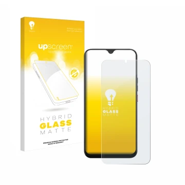 Parte frontal de un envase de producto con el logotipo de la marca upscreen. Al lado se muestra el dispositivo Volla Phone 22 