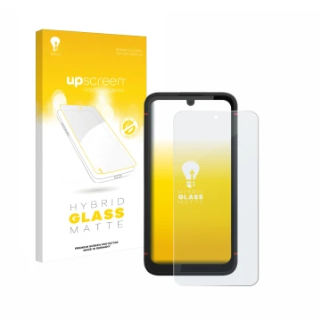 Parte frontal de un envase de producto con el logotipo de la marca upscreen. Al lado se muestra el dispositivo Volla Phone X23