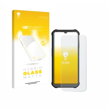 Parte frontal de un envase de producto con el logotipo de la marca upscreen. Al lado se muestra el dispositivo Sonim XP400 con