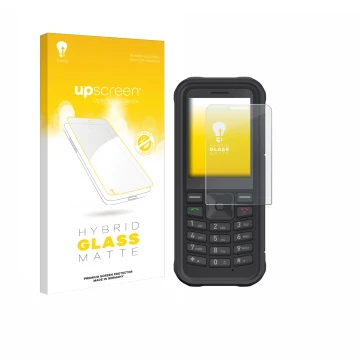 Parte frontal de un envase de producto con el logotipo de la marca upscreen. Al lado se muestra el dispositivo Sonim XP100 con