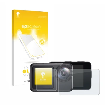 Parte frontal de un envase de producto con el logotipo de la marca upscreen. Al lado se muestra el dispositivo Akaso Brave 7 L