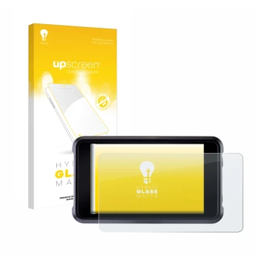 Parte frontal de un envase de producto con el logotipo de la marca upscreen. Al lado se muestra el dispositivo Atomos Shogun C