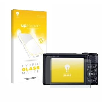 Parte frontal de un envase de producto con el logotipo de la marca upscreen. Al lado se muestra el dispositivo Canon PowerShot