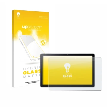 Parte frontal de un envase de producto con el logotipo de la marca upscreen. Al lado se muestra el dispositivo Acer Iconia Tab