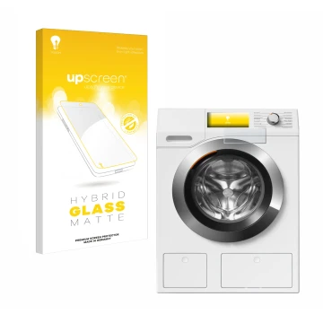 Parte frontal de un envase de producto con el logotipo de la marca upscreen. Al lado se muestra el dispositivo Miele WEH875 co
