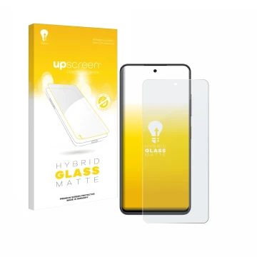 Parte frontal de un envase de producto con el logotipo de la marca upscreen. Al lado se muestra el dispositivo Nubia Focus 5G 