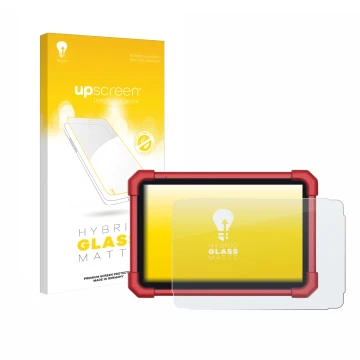 Parte frontal de un envase de producto con el logotipo de la marca upscreen. Al lado se muestra el dispositivo Launch X-431 Eu