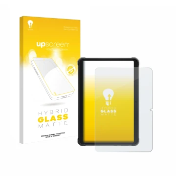 Parte frontal de un envase de producto con el logotipo de la marca upscreen. Al lado se muestra el dispositivo Hotwav R8 con s